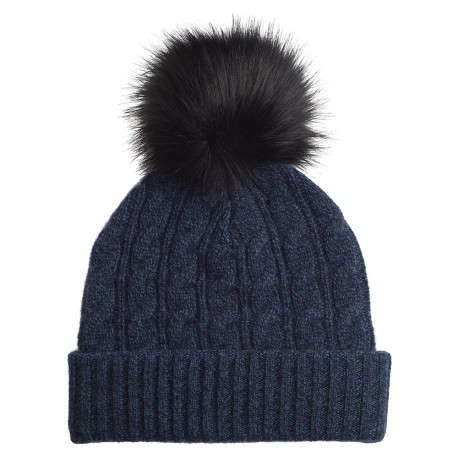 Blaue meliertes Pom Pom Mütze aus Kaschmir