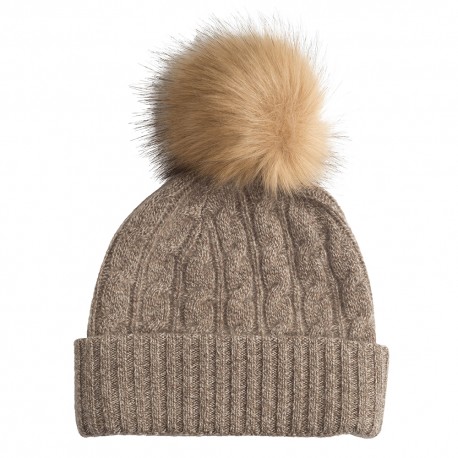 Beige meliertes Pom Pom Mütze aus Kaschmir