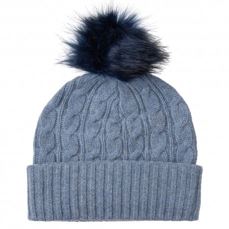 Taubenblaue Mütze aus Kaschmir mit Pompon