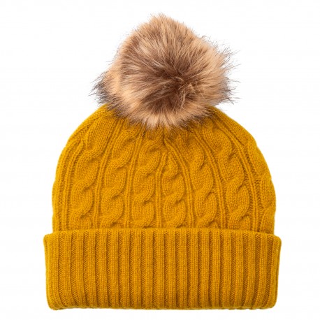 Currygelbe Mütze aus Kaschmir mit Pompon