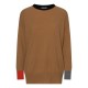 Camelfarbener Pullover mit Details in Schwarz, Grau und Orange
