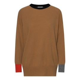Camelfarbener Pullover mit Details in Schwarz, Grau und Orange
