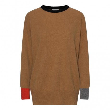 Camelfarbener Pullover mit Details in Schwarz, Grau und Orange
