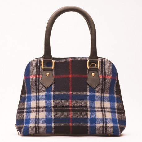 Handtasche aus Leder und blauer Schottenkaro-Wolle